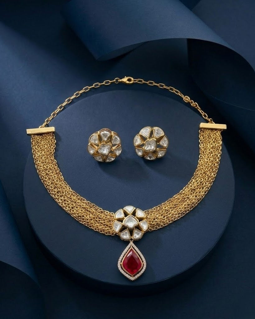 Rajeshwari Ruby Moissanite Kundan Cascade Necklace Set