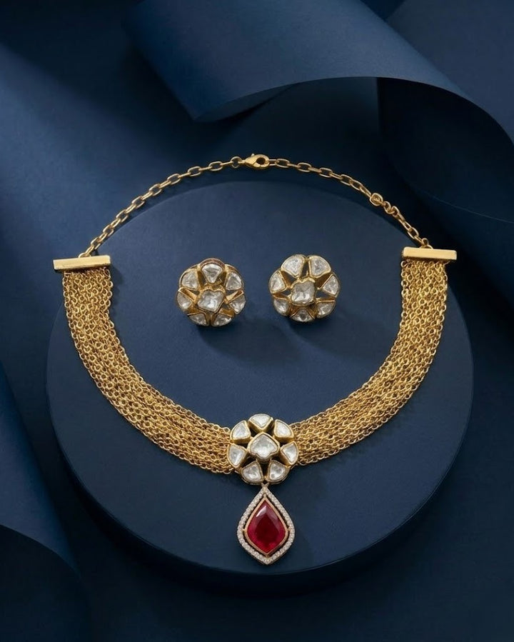 Rajeshwari Ruby Moissanite Kundan Cascade Necklace Set