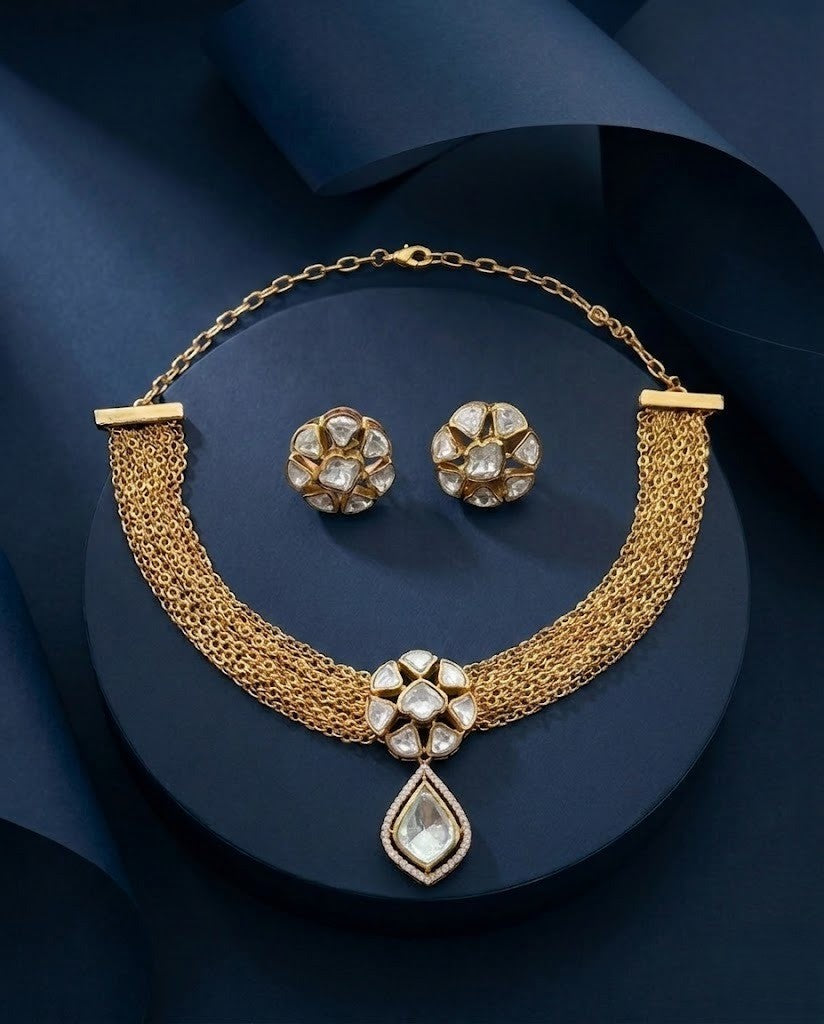 Rajeshwari Ruby Moissanite Kundan Cascade Necklace Set