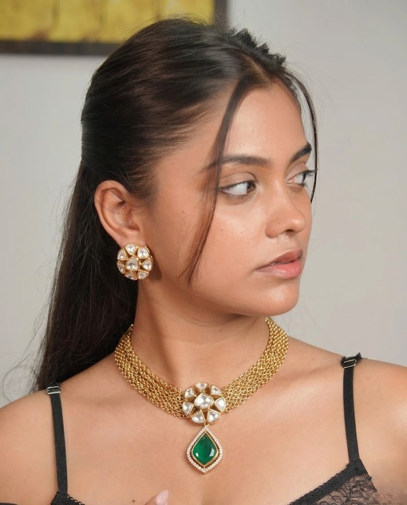 Rajeshwari Ruby Moissanite Kundan Cascade Necklace Set