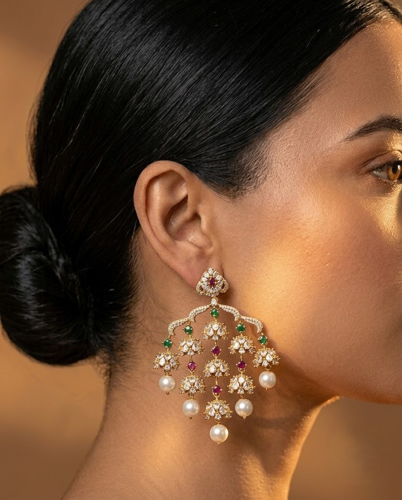 Rangriti Pearl Jhumki Chandbali AD Earrings