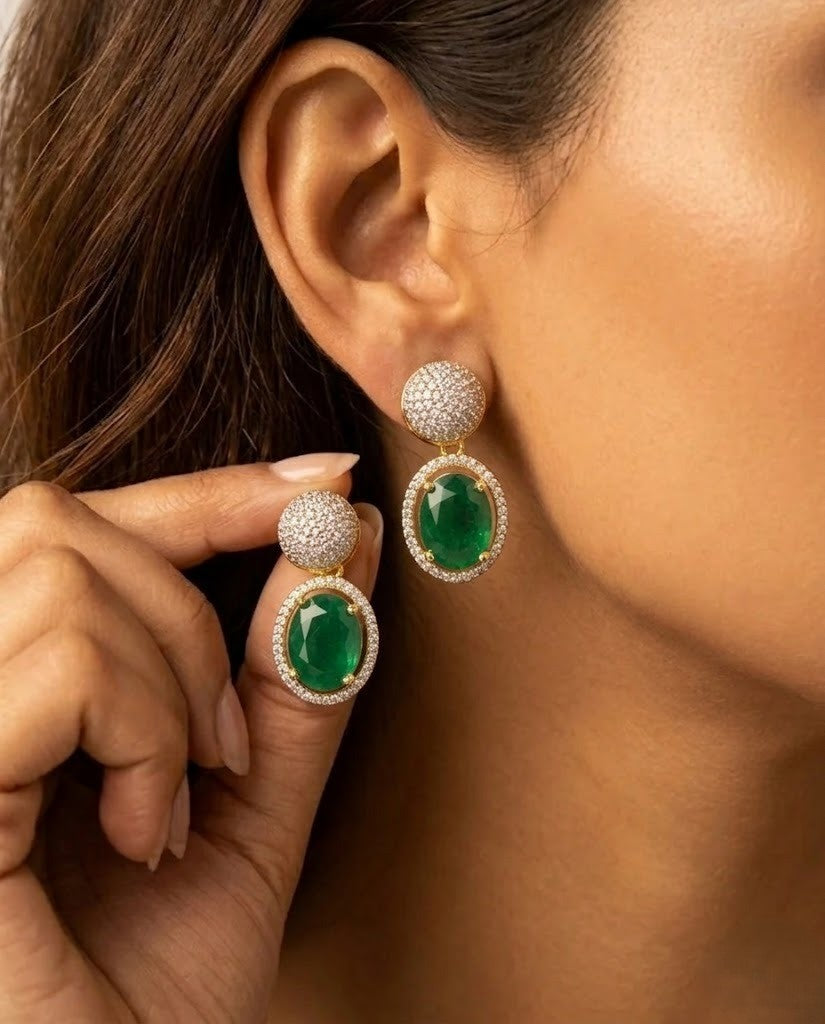 Aaradhya Emerald Halo AD Drop Earrings