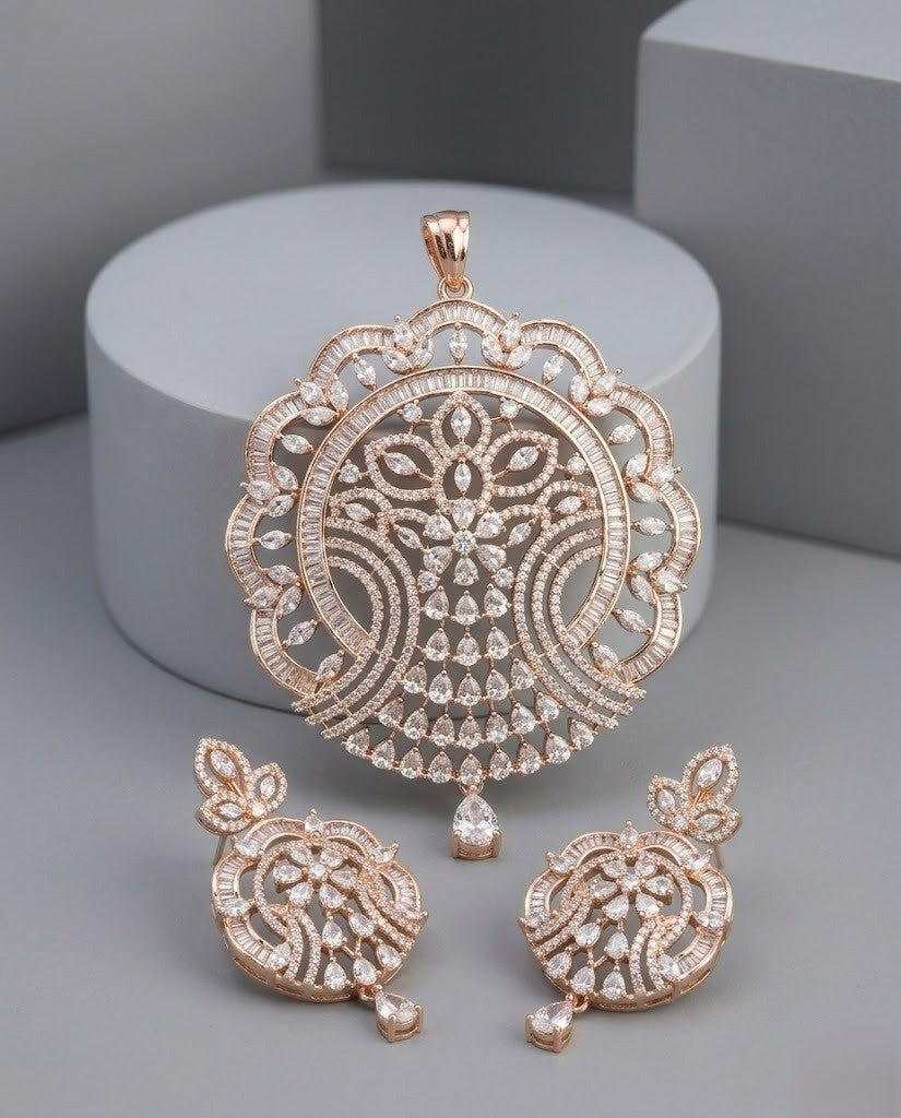 Mehera Peacock Royale AD Rose Gold Pendant Set