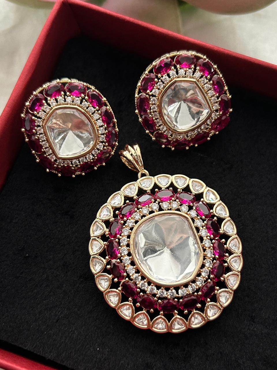 Ruhani Ruby Moissanite Kundan Pendant Set – 18K Gold Plated