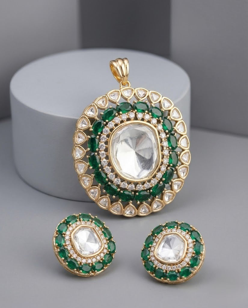 Ruhani Ruby Moissanite Kundan Pendant Set – 18K Gold Plated