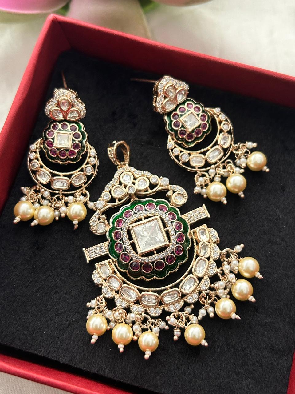 Aarvika Pearl Moissanite Chandbali Pendant Set – 18K Gold Plated