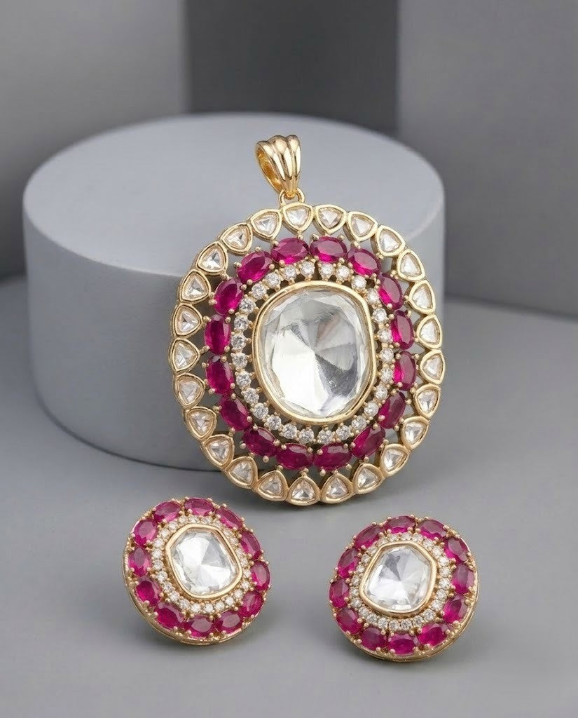 Ruhani Ruby Moissanite Kundan Pendant Set – 18K Gold Plated