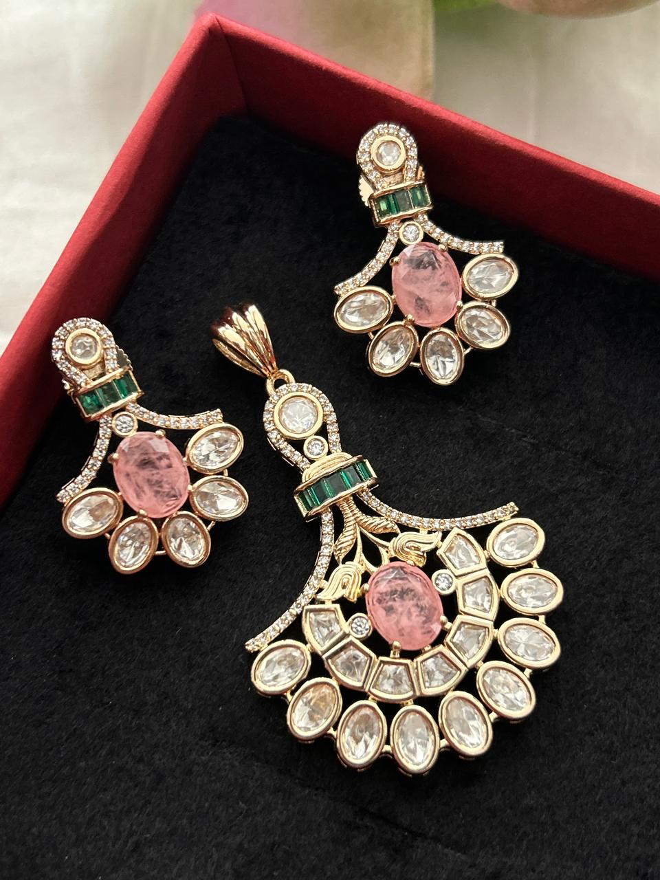 Ishani Emerald Moissanite Chandbali Pendant Set – 18K Gold Plated