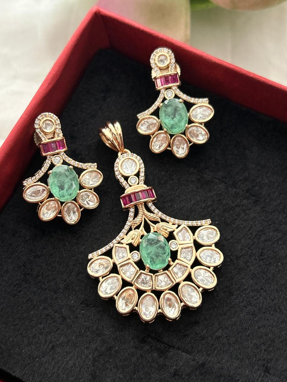 Ishani Emerald Moissanite Chandbali Pendant Set – 18K Gold Plated