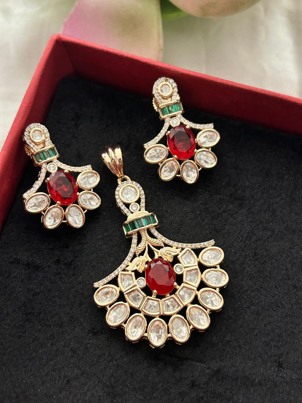Ishani Emerald Moissanite Chandbali Pendant Set – 18K Gold Plated