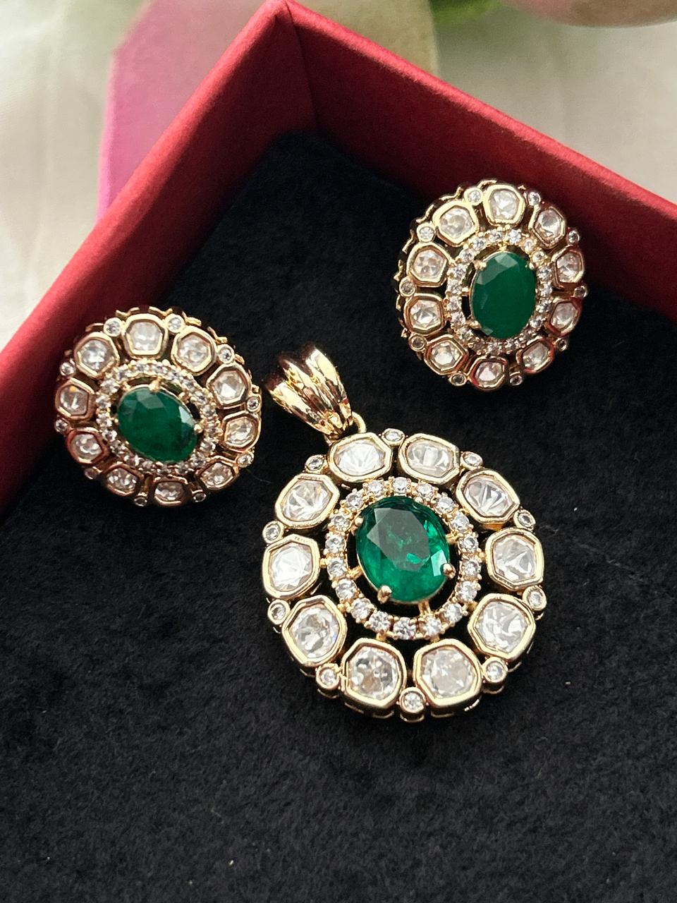Rajnandini Ruby Moissanite Kundan Pendant Set – 18K Gold Plated