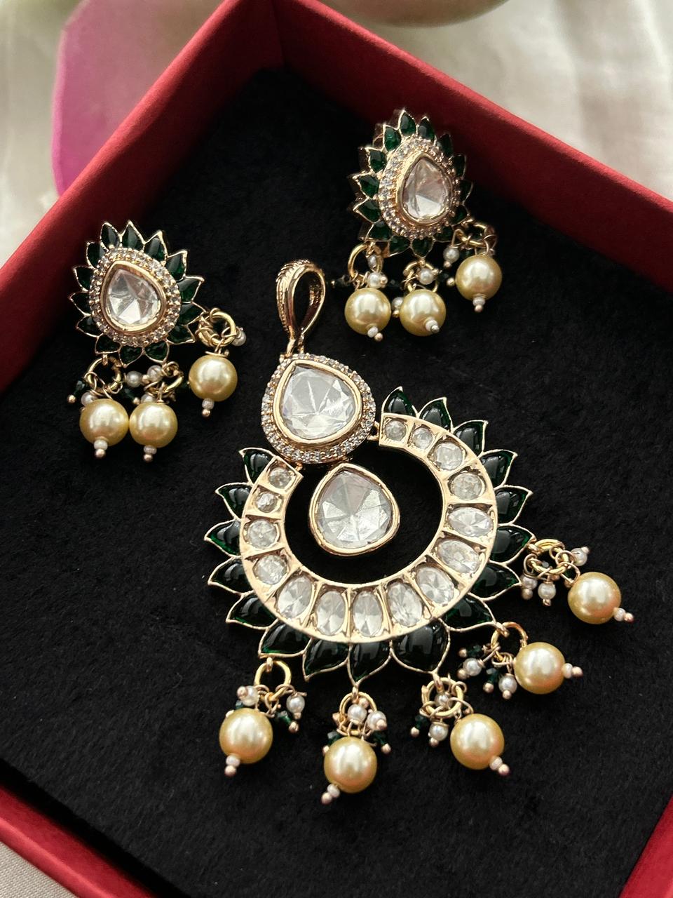 Rajnandini Ruby Moissanite Pearl Pendant Set – 18K Gold Plated
