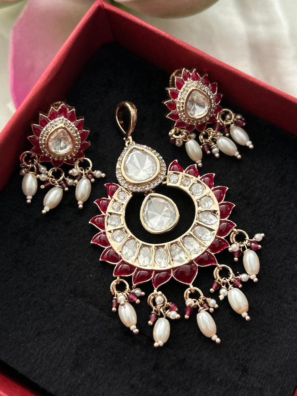 Rajnandini Ruby Moissanite Pearl Pendant Set – 18K Gold Plated