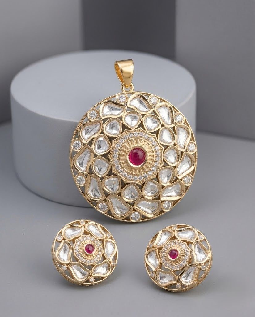 Zarmina Ruby Moissanite Kundan Pendant Set – 18K Gold Plated