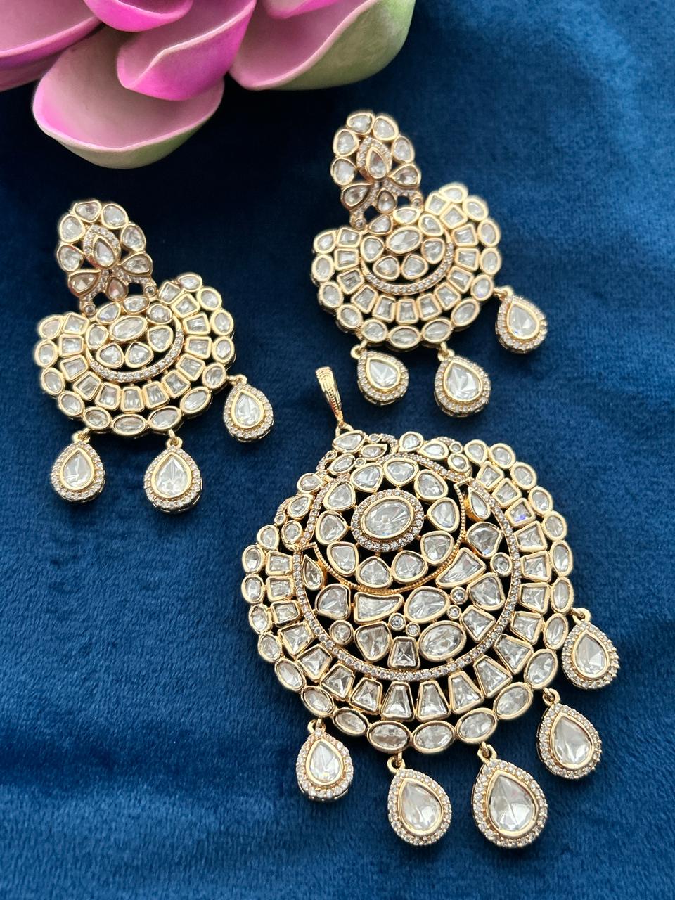 Devanshi Royale Moissanite Chandbali Pendant Set – 18K Gold Plated