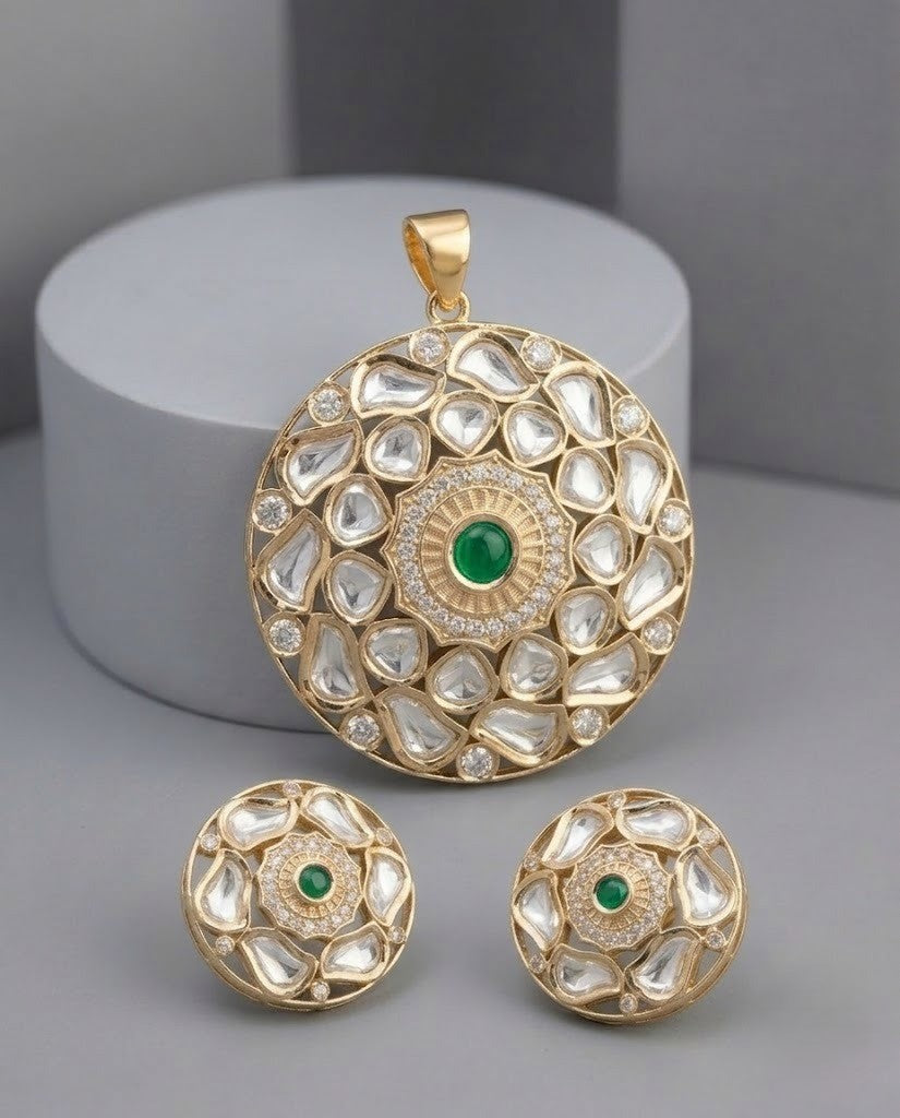 Zarmina Ruby Moissanite Kundan Pendant Set – 18K Gold Plated