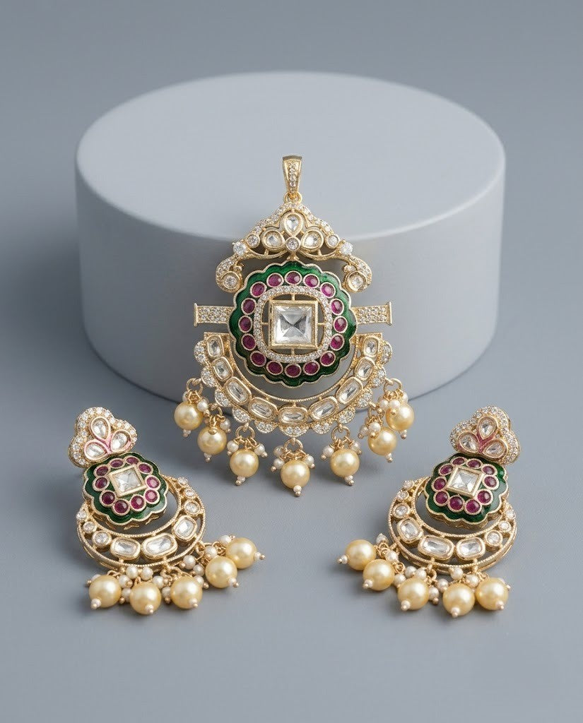 Aarvika Pearl Moissanite Chandbali Pendant Set – 18K Gold Plated