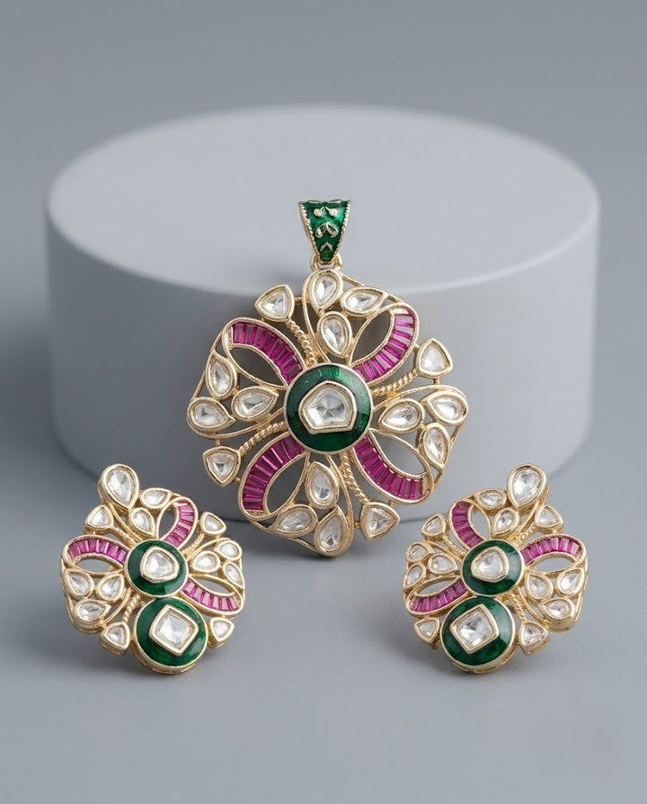 Varnika Ruby Emerald Moissanite Pendant Set – 18K Gold Plated