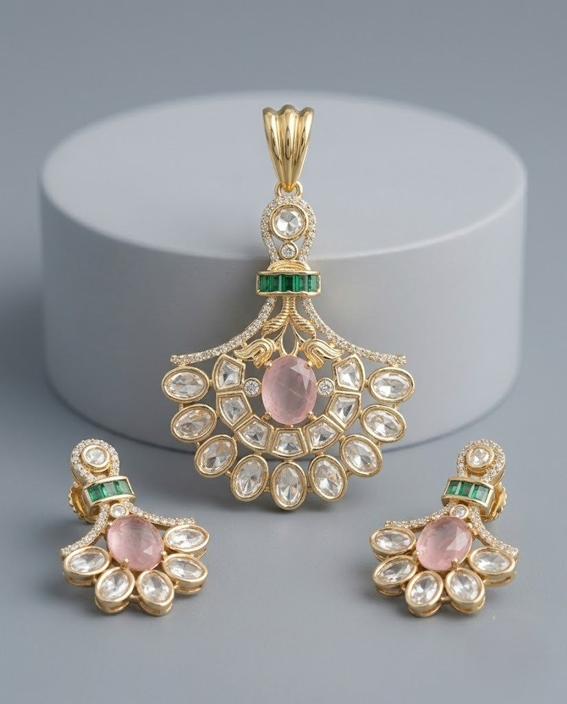Ishani Emerald Moissanite Chandbali Pendant Set – 18K Gold Plated