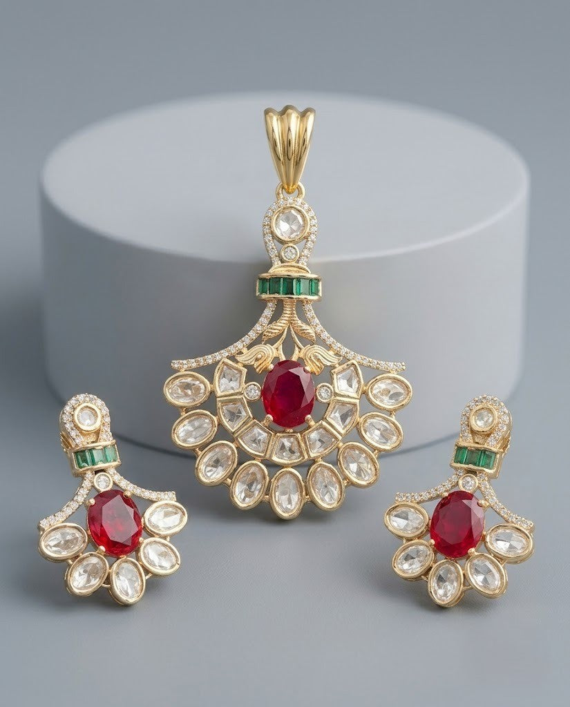 Ishani Emerald Moissanite Chandbali Pendant Set – 18K Gold Plated