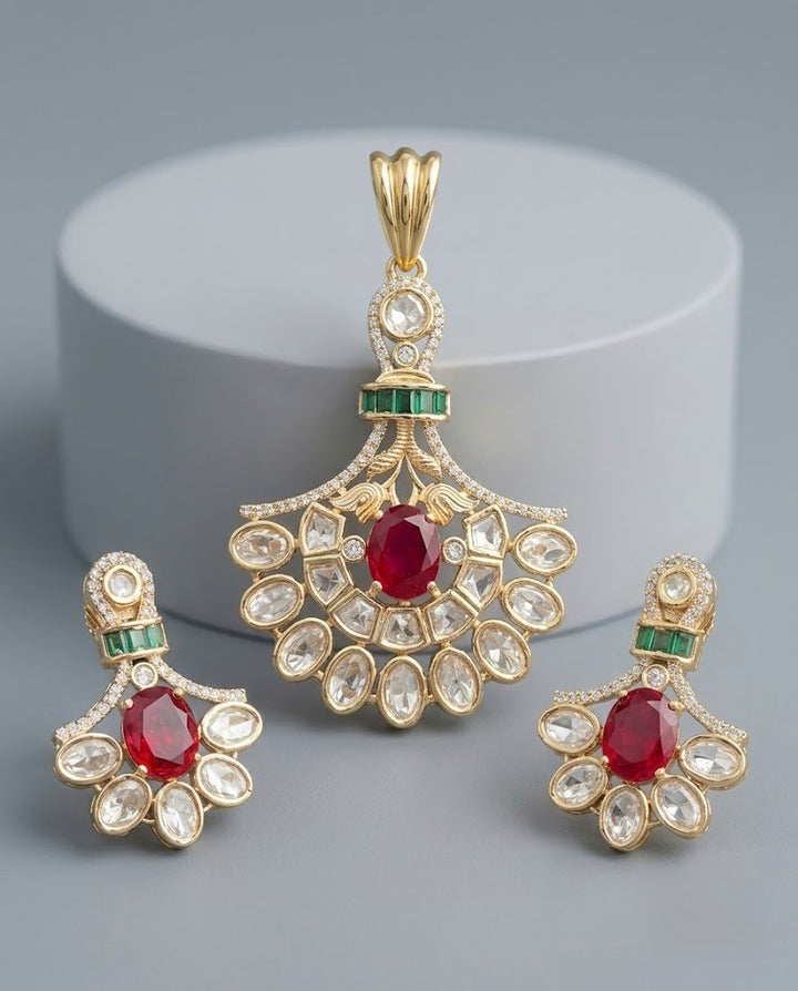 Ishani Emerald Moissanite Chandbali Pendant Set – 18K Gold Plated