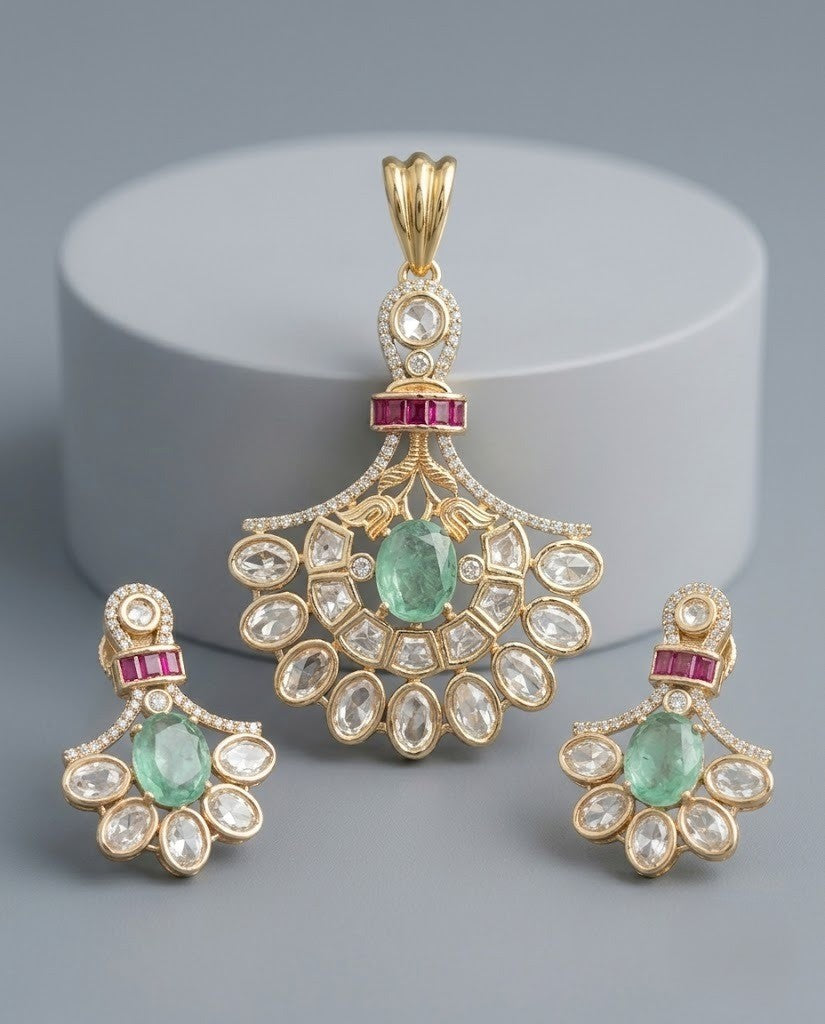 Ishani Emerald Moissanite Chandbali Pendant Set – 18K Gold Plated