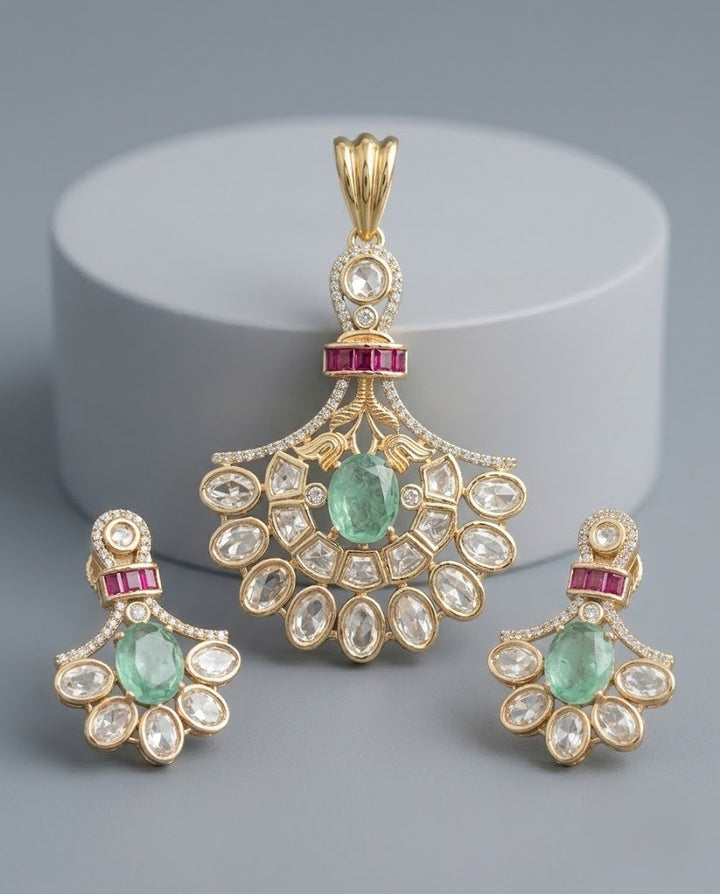 Ishani Emerald Moissanite Chandbali Pendant Set – 18K Gold Plated