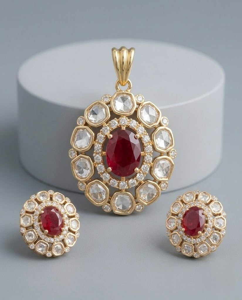 Rajnandini Ruby Moissanite Kundan Pendant Set – 18K Gold Plated