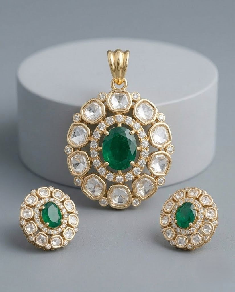 Rajnandini Ruby Moissanite Kundan Pendant Set – 18K Gold Plated
