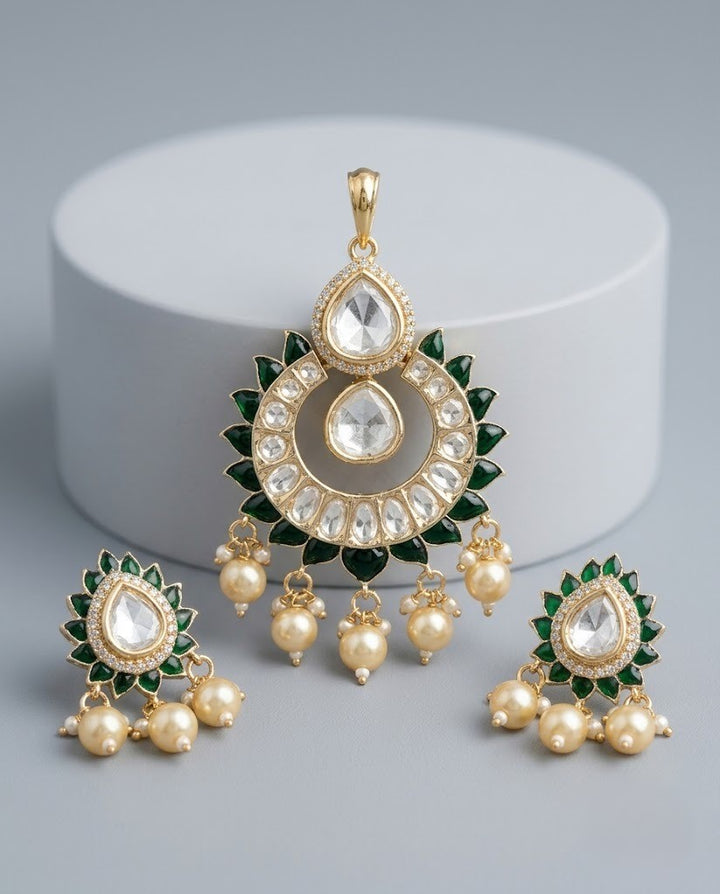 Rajnandini Ruby Moissanite Pearl Pendant Set – 18K Gold Plated