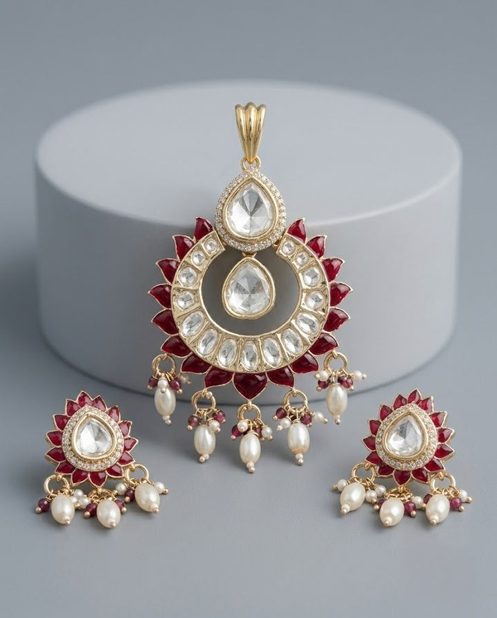Rajnandini Ruby Moissanite Pearl Pendant Set – 18K Gold Plated