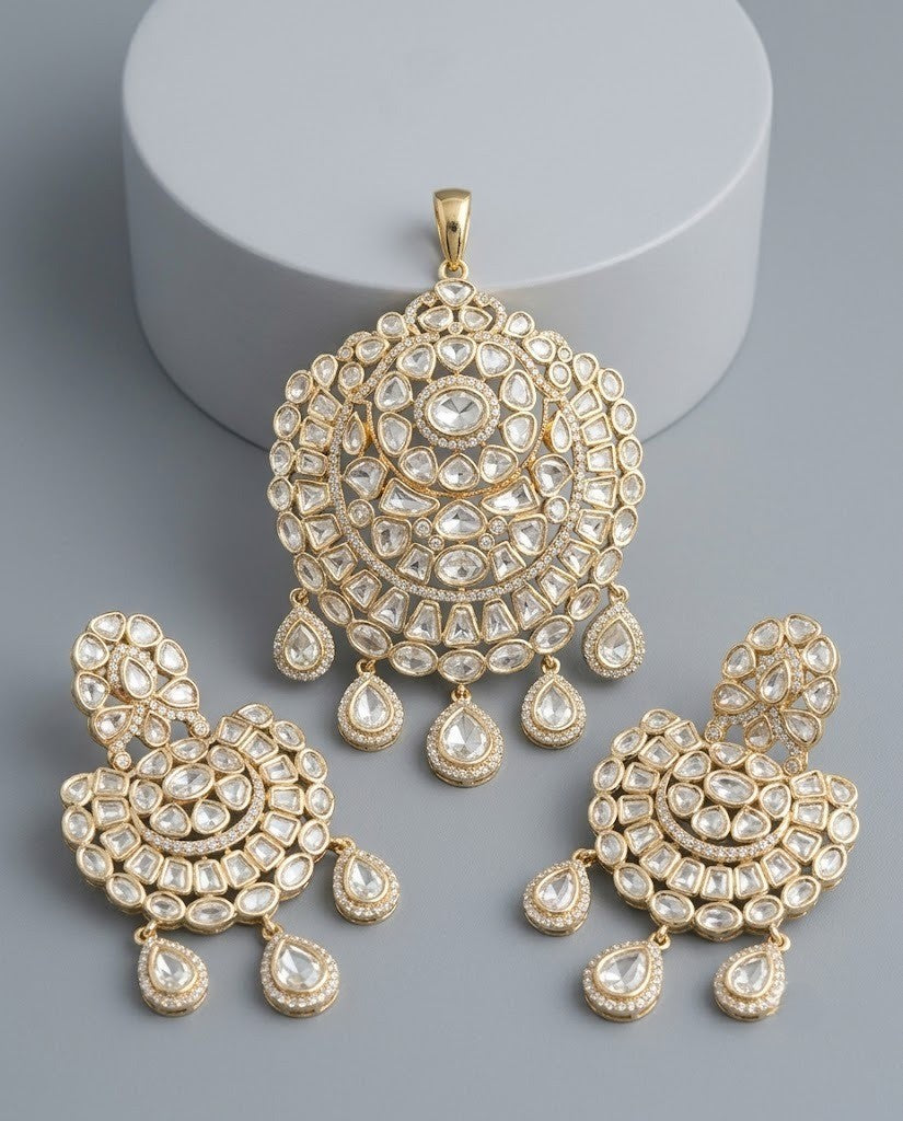 Devanshi Royale Moissanite Chandbali Pendant Set – 18K Gold Plated