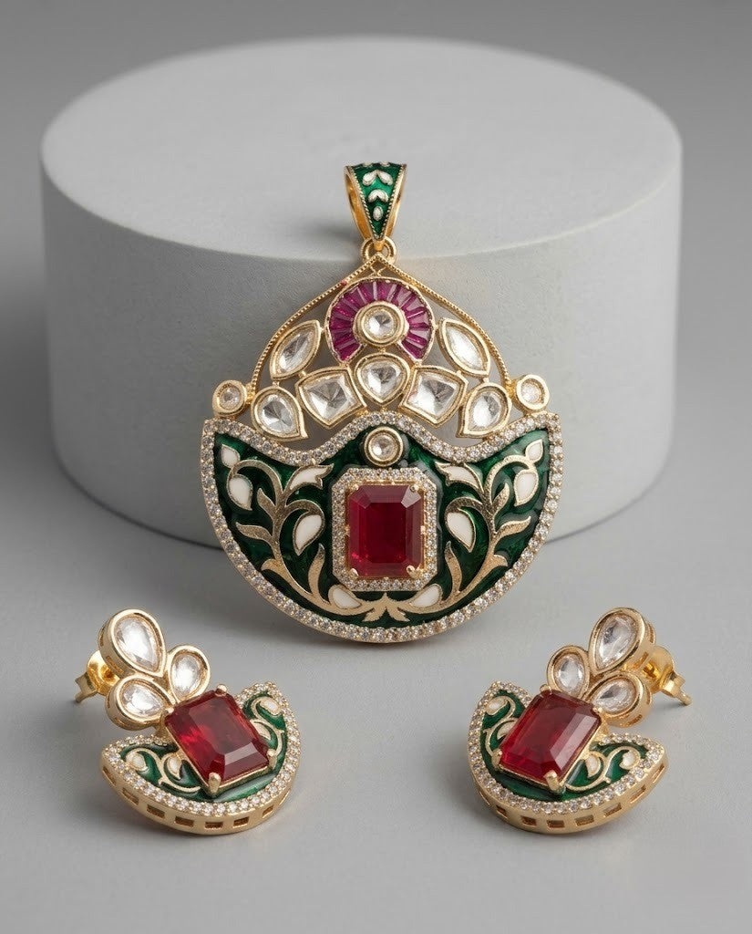Zehra Ruby Moissanite Kundan Pendant Set – 18K Gold Plated