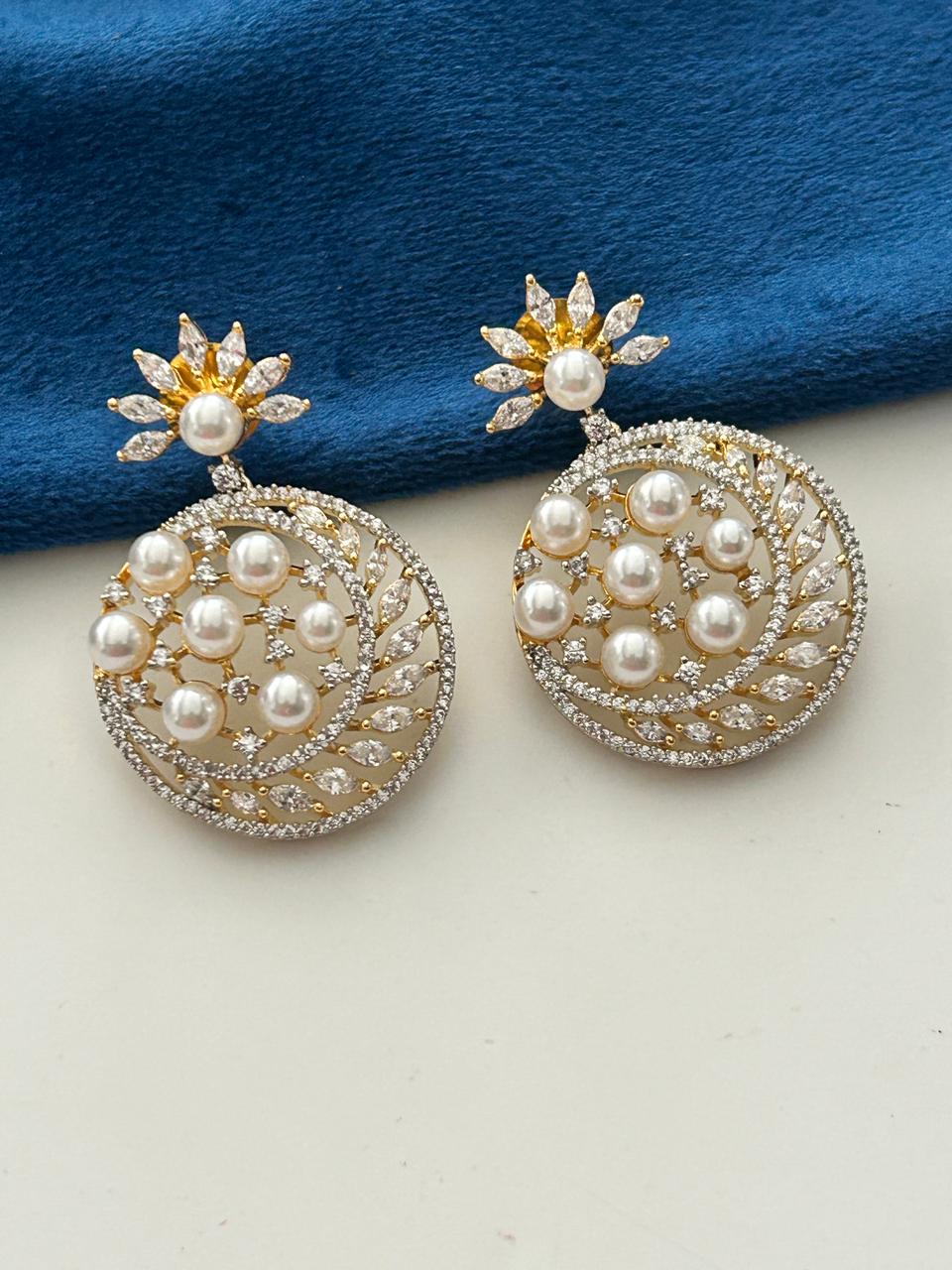 Vaidehi Premium CZ Diamond Pearl Floral Statement Earrings