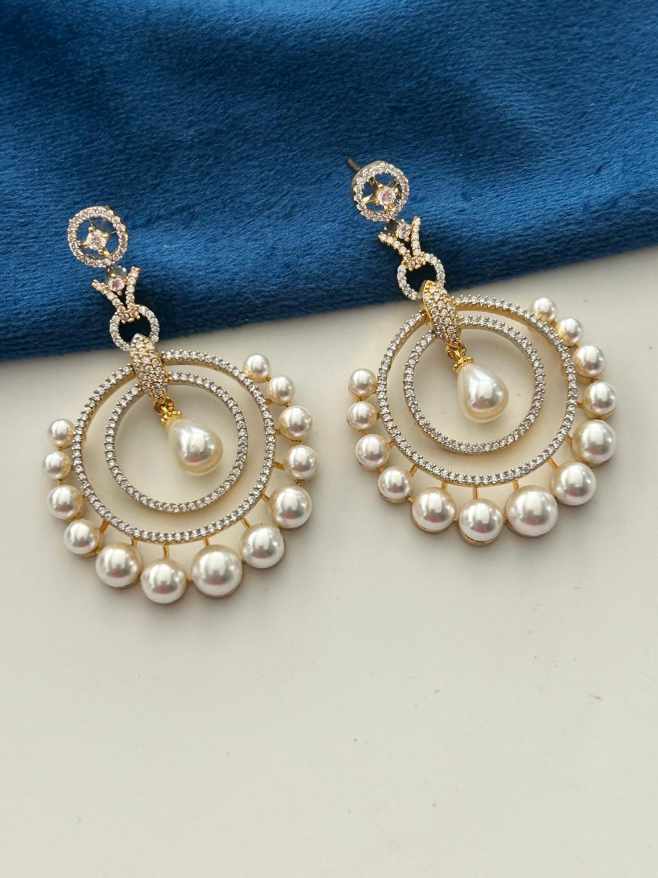 Anvika Premium CZ Diamond Pearl Hoop Drop Earrings