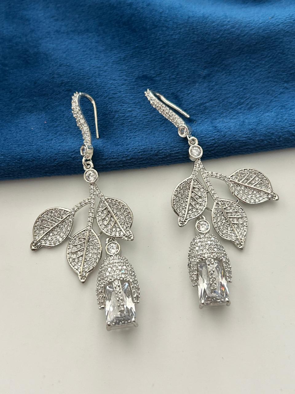 Vanika Premium CZ Diamond Leaf Drop Earrings