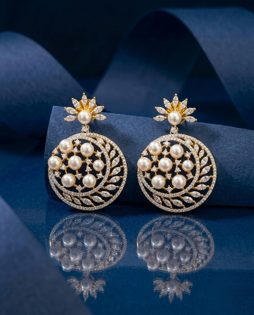 Vaidehi Premium CZ Diamond Pearl Floral Statement Earrings