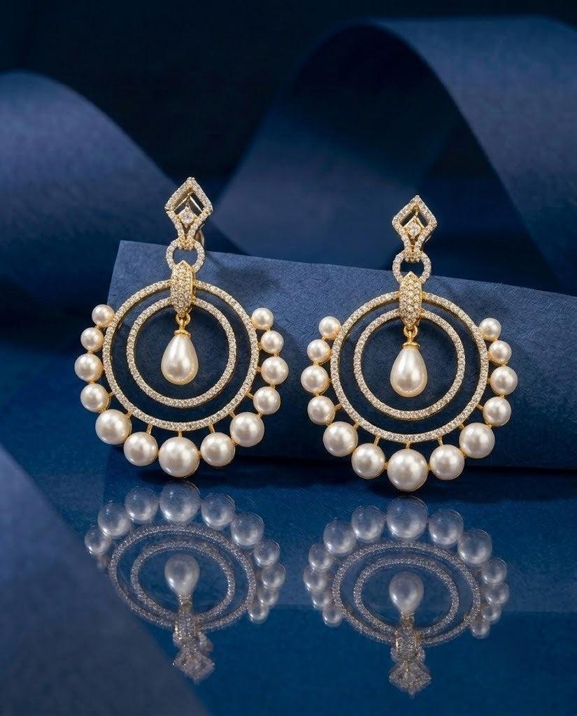 Anvika Premium CZ Diamond Pearl Hoop Drop Earrings