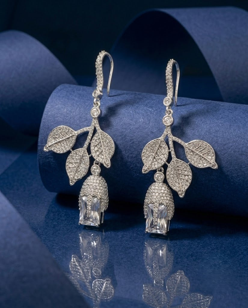 Vanika Premium CZ Diamond Leaf Drop Earrings