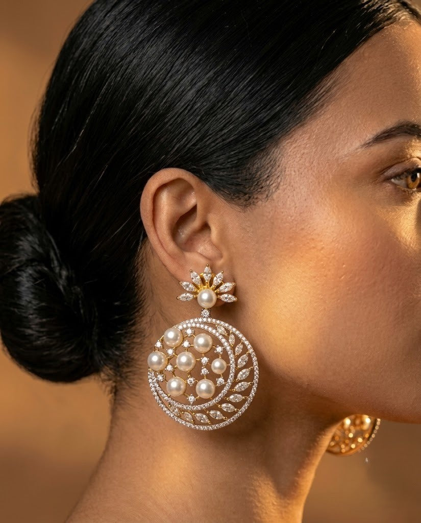 Vaidehi Premium CZ Diamond Pearl Floral Statement Earrings