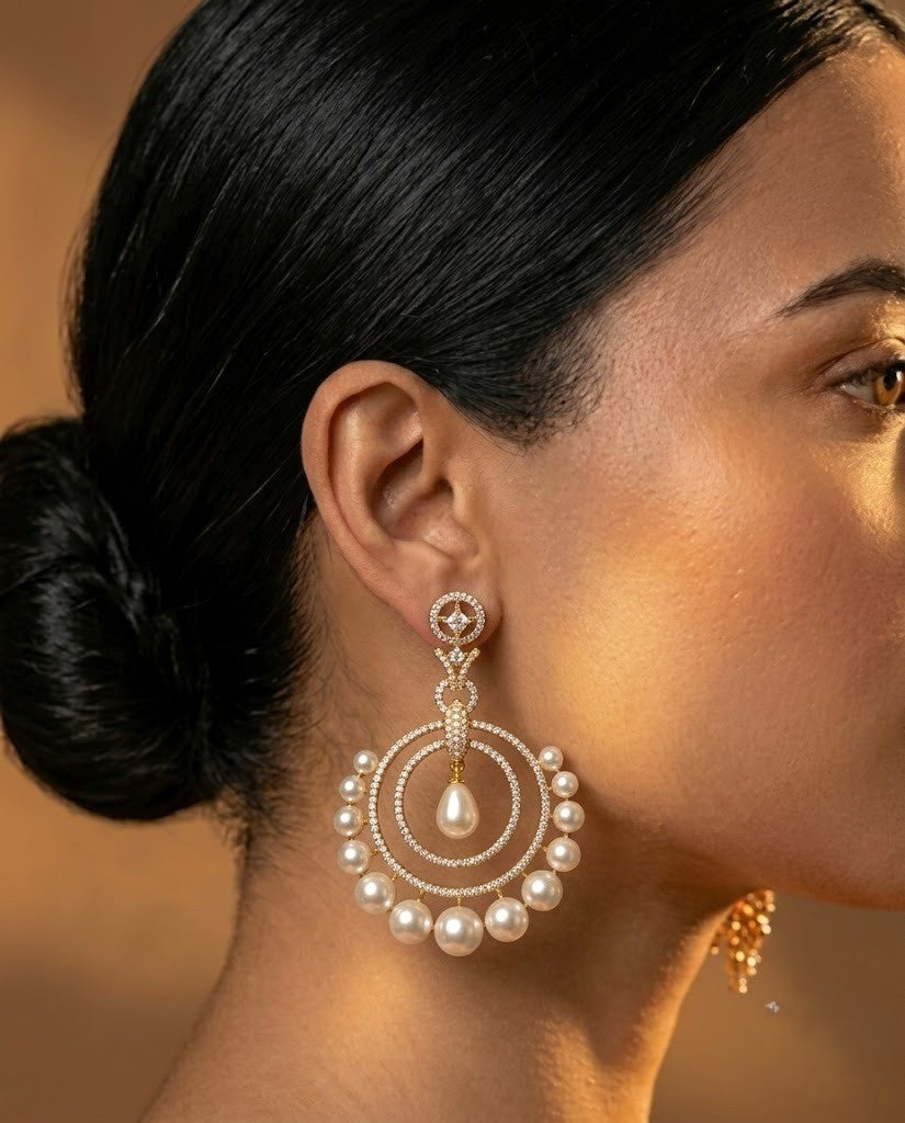 Anvika Premium CZ Diamond Pearl Hoop Drop Earrings