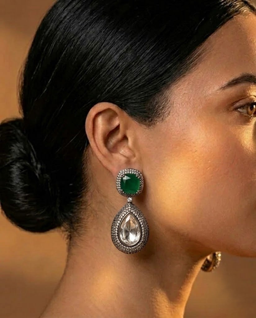 Zariya Premium Emerald CZ Diamond Teardrop Earrings