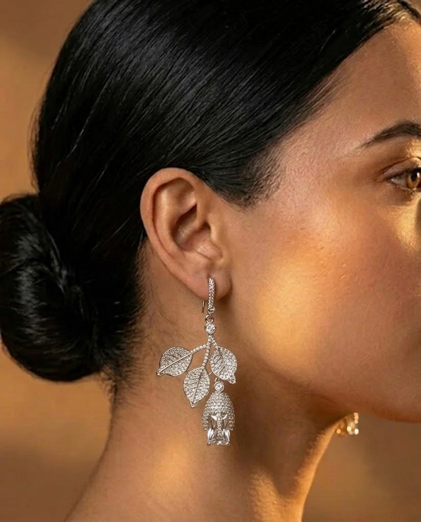 Vanika Premium CZ Diamond Leaf Drop Earrings