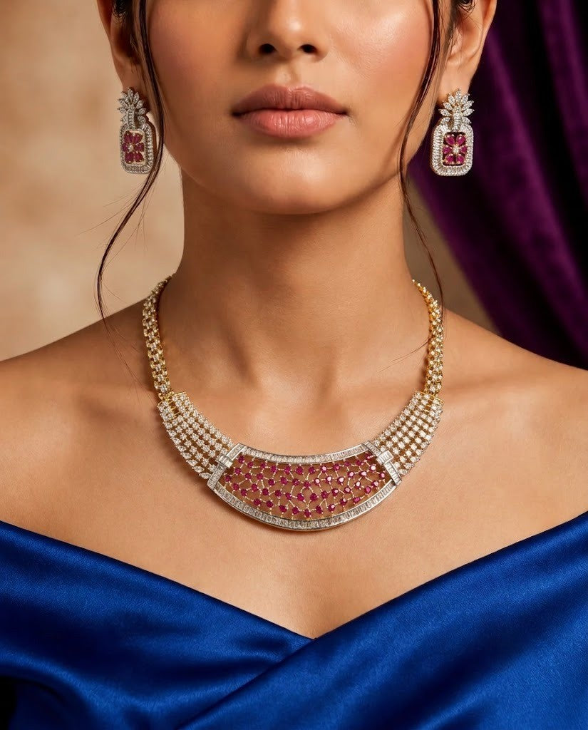 Rajeshwari Ruby Lattice Diamond Necklace Set