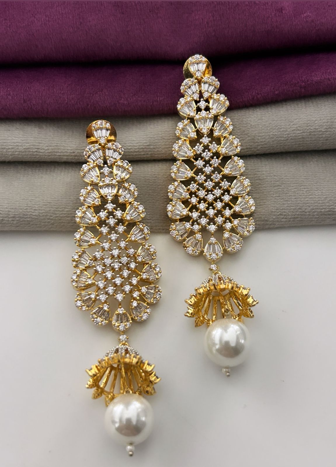 Mrinalini Premium CZ Diamond Pearl Chandelier Earrings