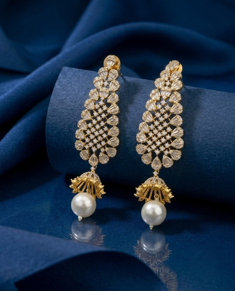 Mrinalini Premium CZ Diamond Pearl Chandelier Earrings