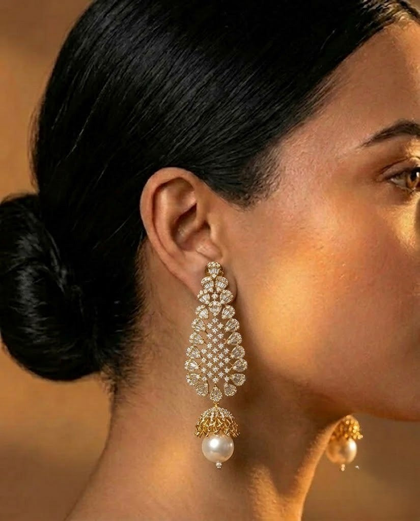 Mrinalini Premium CZ Diamond Pearl Chandelier Earrings