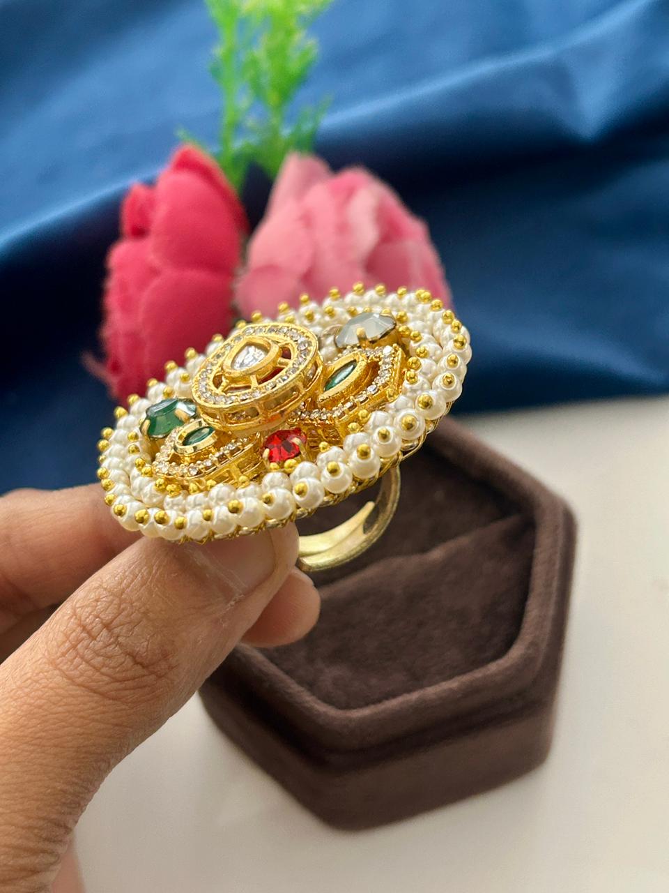 Meher Gulbahar Kundan German Silver Statement Ring