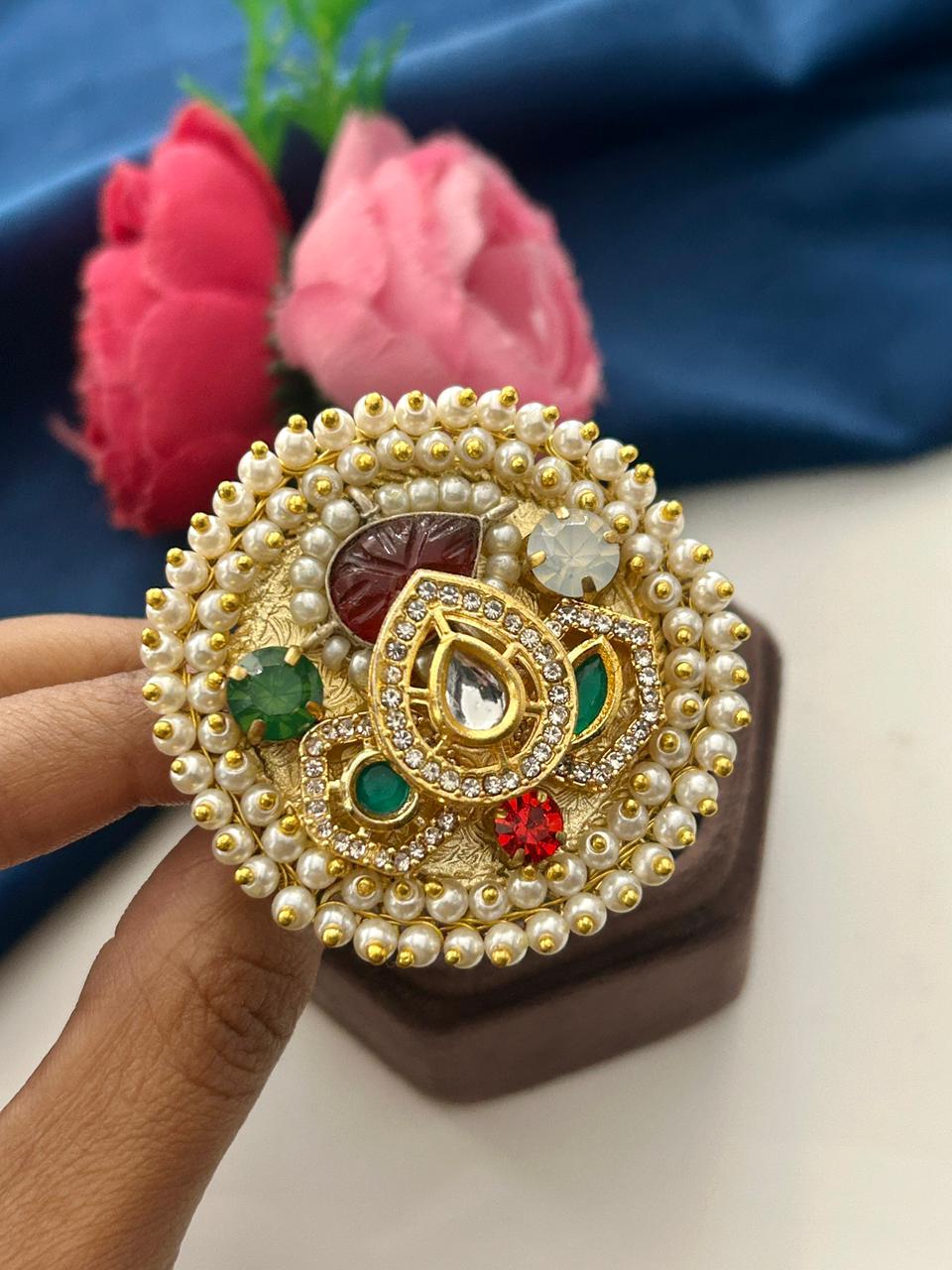 Meher Gulbahar Kundan German Silver Statement Ring