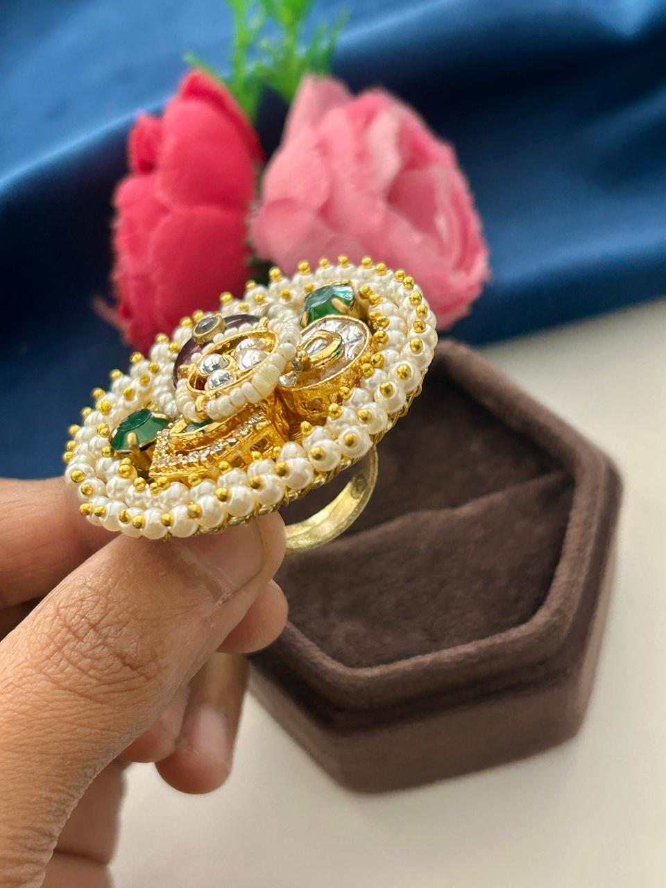 Aarvika Kundan German Silver Statement Ring